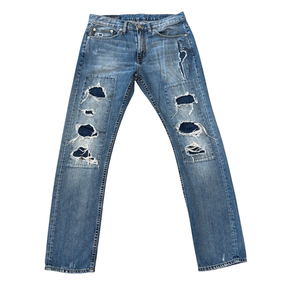 Armani Exchange Jeans Mens 31 Blue Straight Distressed Ripped Patch Denim